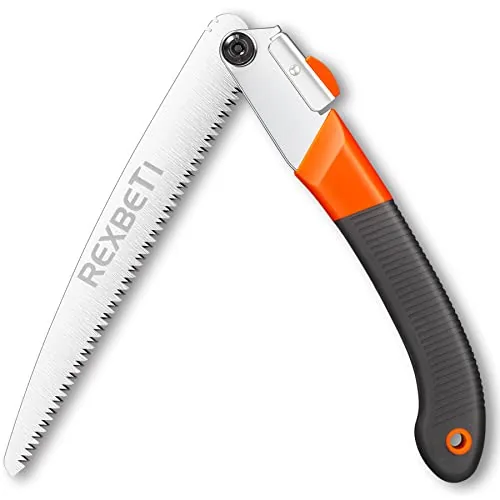 REXBETI 11-inch folding saw with SK-5 steel blade, locking mechanism visible, ideal for camping wood cutting REXBETI 11-inch folding saw with SK-5 steel blade, locking mechanism visible, ideal for camping wood cutting