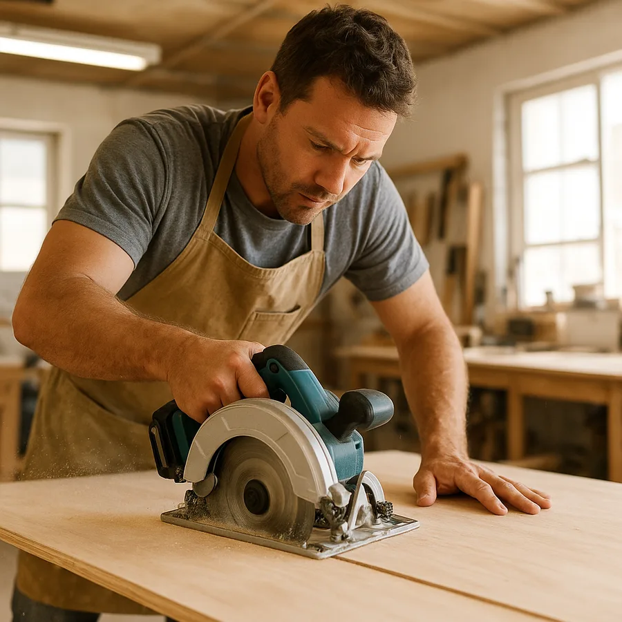 Woodworker ripping plywood with a cordless circular saw Woodworker ripping plywood with a cordless circular saw