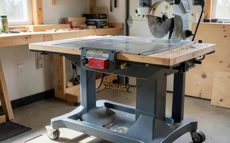 Rolling table saw stand with locking caster wheels in a home workshop Rolling table saw stand with locking caster wheels in a home workshop
