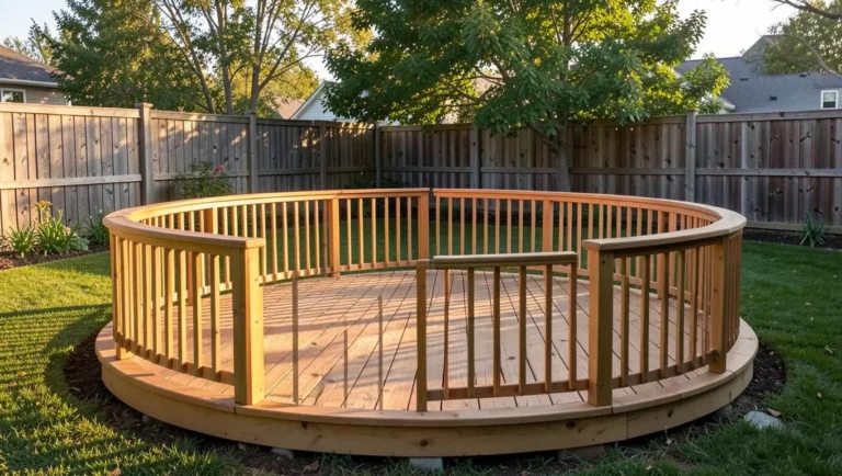 Round wood deck with curved railing in a backyard