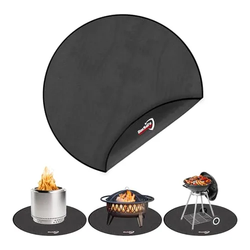DocSafe 48-inch round 4-layer fireproof mat designed to go under a fire pit on a wood deck
