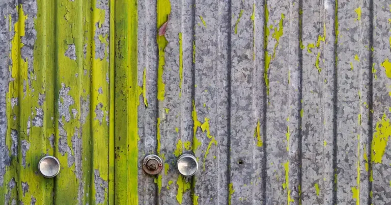 Peeling paint on an old corrugated metal door before repainting
