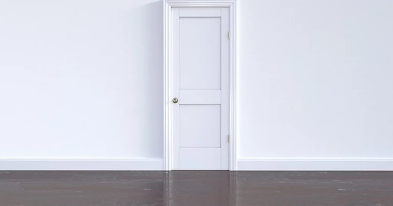 White painted MDF interior door with panel design and dark wood floor