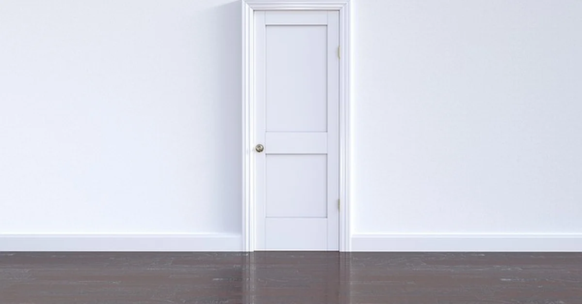 White painted MDF interior door with panel design and dark wood floor