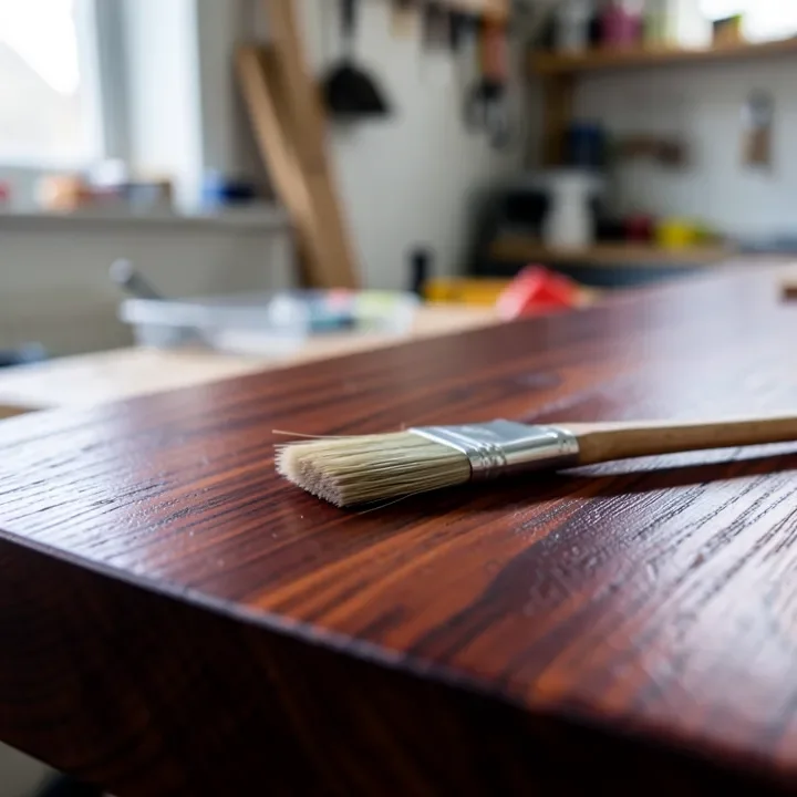 Freshly applied deep mahogany wood stain showing rich reddish-brown grain with a paintbrush