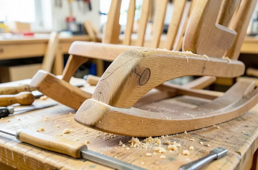 Close-up of a rocking chair curved leg joint being shaped and sanded in a woodworking shop
