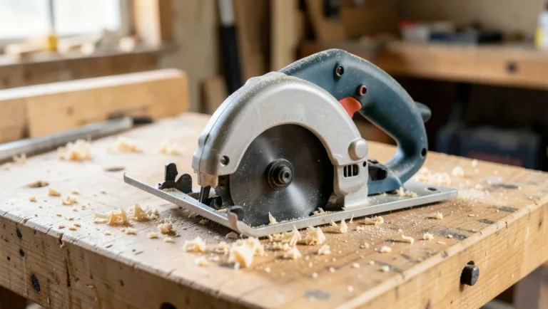 Handheld mini circular saw resting on a wooden workbench with sawdust