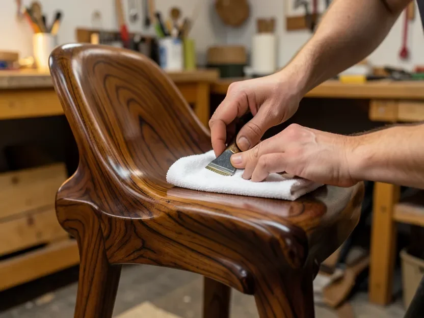 Craftsman hand-rubbing an oil finish into a curved walnut Maloof-style chair seat with a cloth