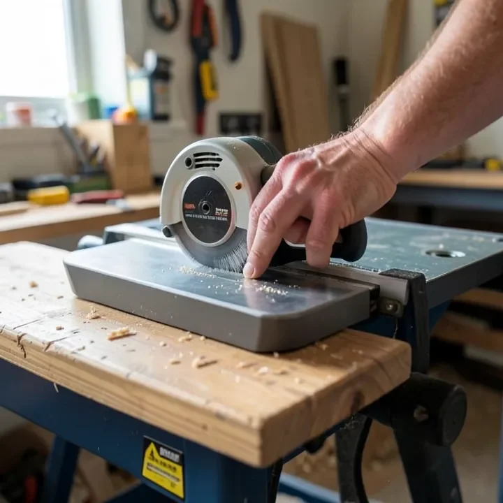 carpenter adjusting the rip fence on a portable jobsite table saw