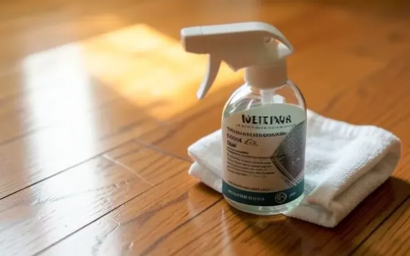 spray bottle of wood floor cleaner and a soft cloth on a clean hardwood floor spray bottle of wood floor cleaner and a soft cloth on a clean hardwood floor