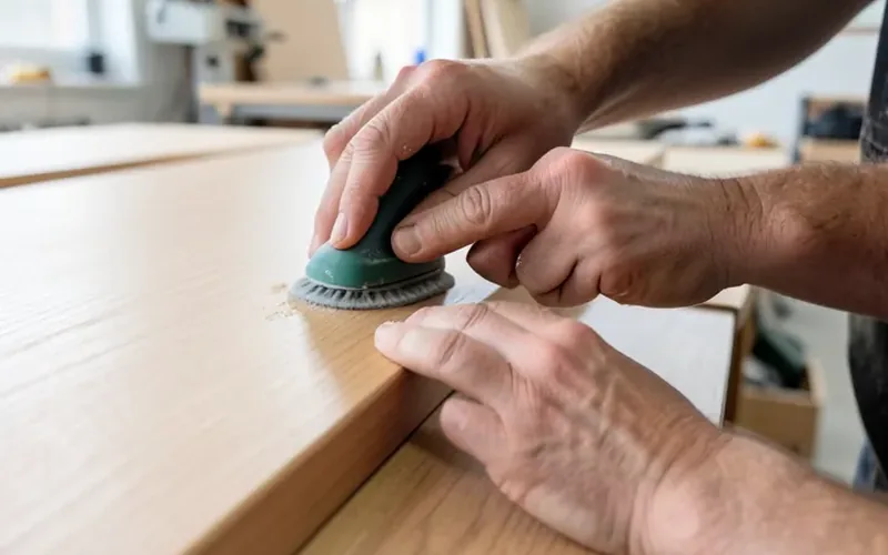 craftsman sanding a wood furniture panel edge in a workshop