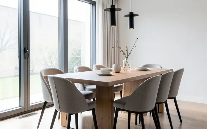 minimalist dining room with a wooden table and upholstered chairs