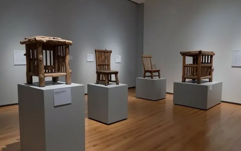 museum gallery interior with handcrafted wood furniture on display pedestals