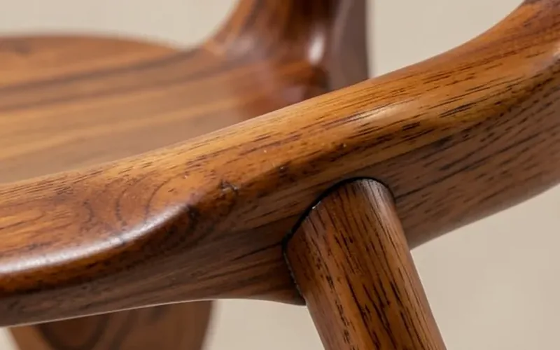 close-up of smooth sculptural wood joinery on a handcrafted chair
