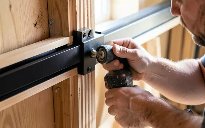 installing a sliding door track carpenter installing a steel sliding door track onto a wall using a drill