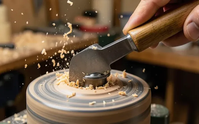 turning a wood spindle on a benchtop lathe wood turning gouge chisel cutting into a spinning wood spindle on a lathe