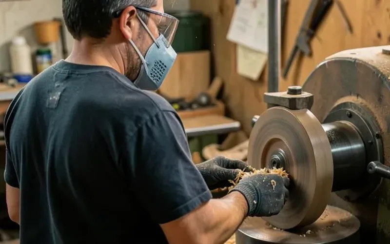 wearing safety gear at a wood lathe woodworker wearing safety glasses and dust mask operating a benchtop wood lathe