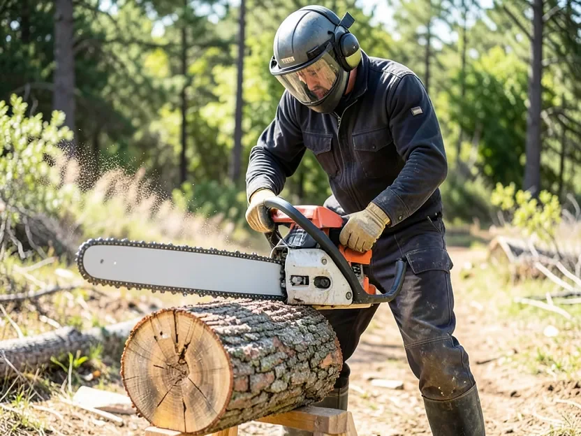 Person wearing a visored helmet, ear protection, gloves, and boots cutting a log with both hands on the chainsaw handles