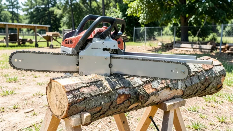 Chainsaw milling frame with guide rails clamped to the bar, resting on a log ready to cut