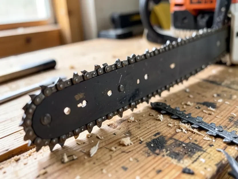 Chainsaw ripping chain with angled cutter teeth next to a standard crosscut chain for comparison
