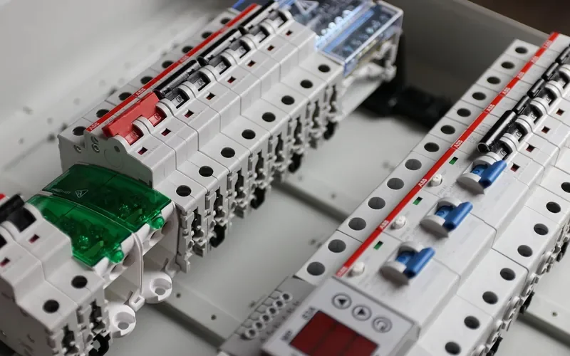 Row of circuit breakers inside an electrical distribution panel