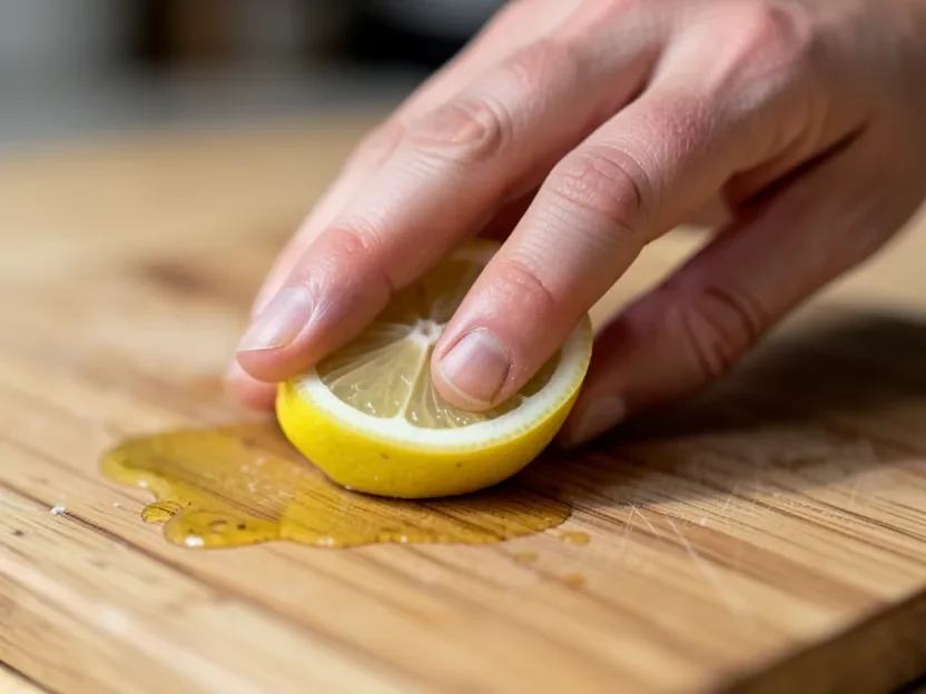 Hand rubbing a lemon half directly onto a wood cutting board to lift onion odor