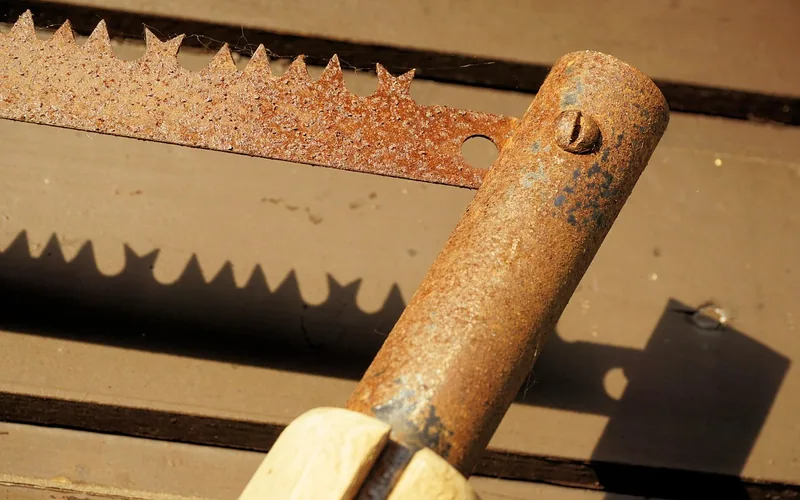 close-up of heavy rust on an old saw blade and handle