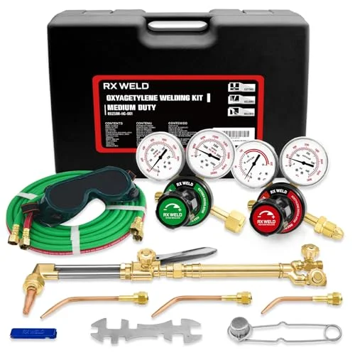 RX WELD Medium Duty Oxy-Fuel Welding and Cutting Torch Kit with case, hoses, regulators, and goggles