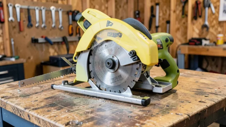 Corded 10-inch compound miter saw on a garage workbench