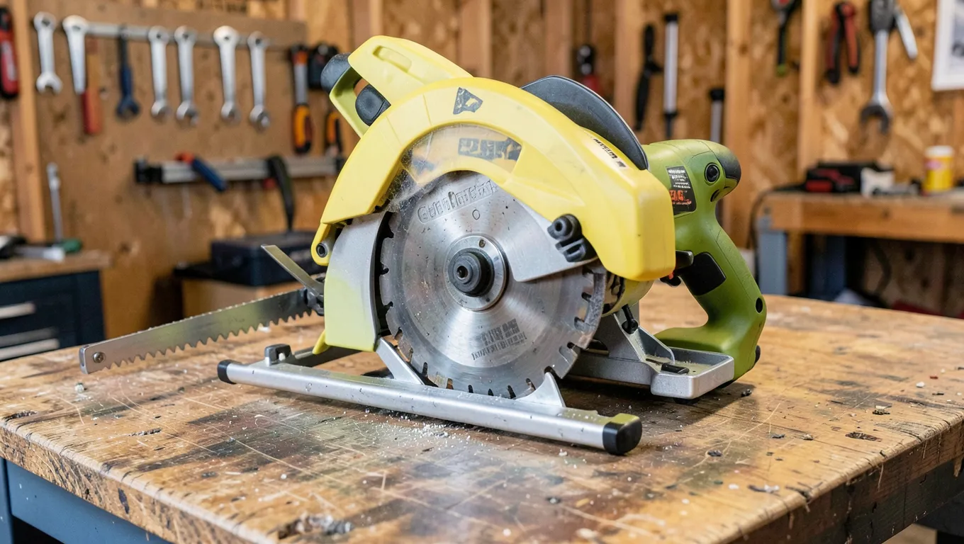 Corded 10-inch compound miter saw on a garage workbench
