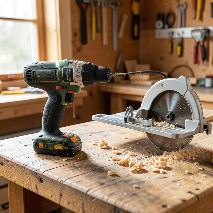 Cordless drill and table saw blade in a home workshop