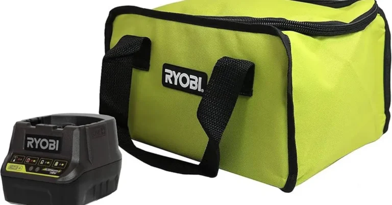 Ryobi ONE+ 18V charger and lime green tool bag used for warranty-covered battery service