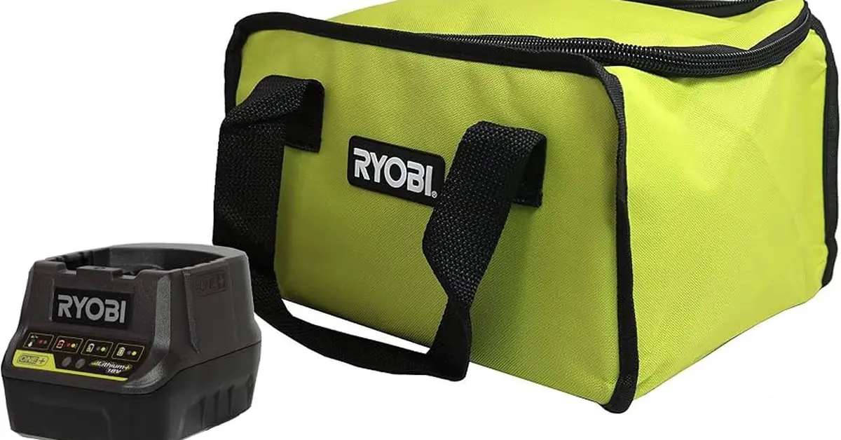 Ryobi ONE+ 18V charger and lime green tool bag used for warranty-covered battery service