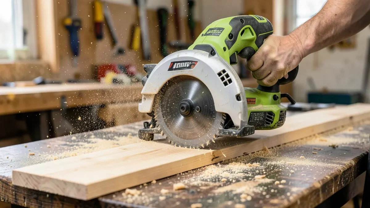 Cordless circular saw cutting a wood plank on a workbench