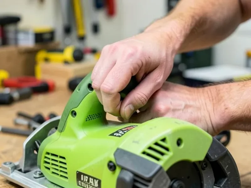 Adjusting the blade depth lever on a cordless circular saw before cutting