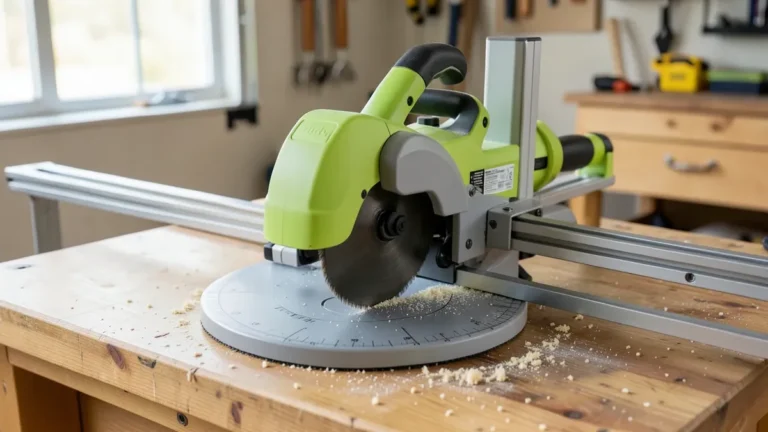 Ryobi 10 inch sliding compound miter saw on a workshop bench with sliding rails visible behind the head