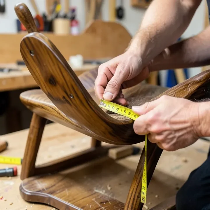 Woodworker measuring the seat depth of a sculptural walnut rocking chair