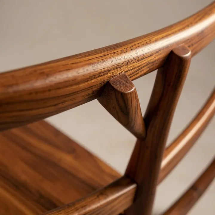 Close-up of hand-shaped joinery on a Maloof-style spindle backrest