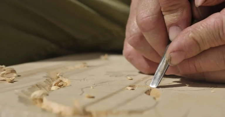 Craftsman hand-shaping a piece of wood with a chisel, curled shavings visible on the workbench
