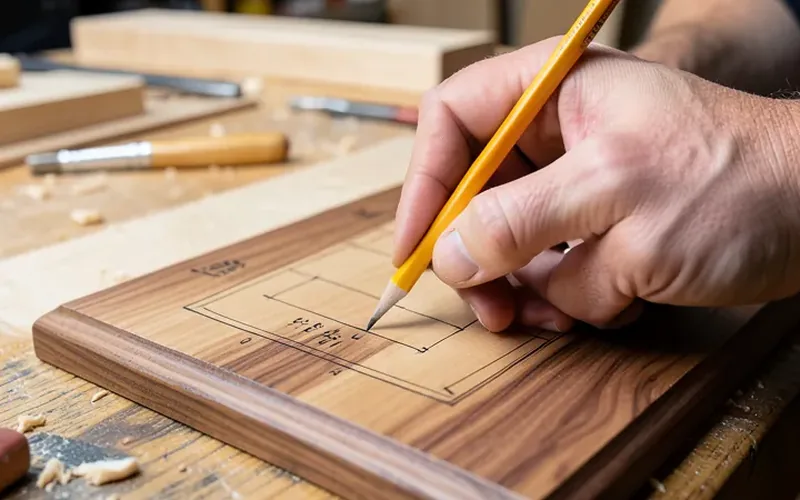 Woodworker tracing an original Maloof chair template onto a walnut board