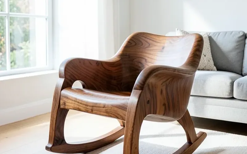 Finished walnut reproduction rocking chair with Maloof's signature sculpted curves in a living room