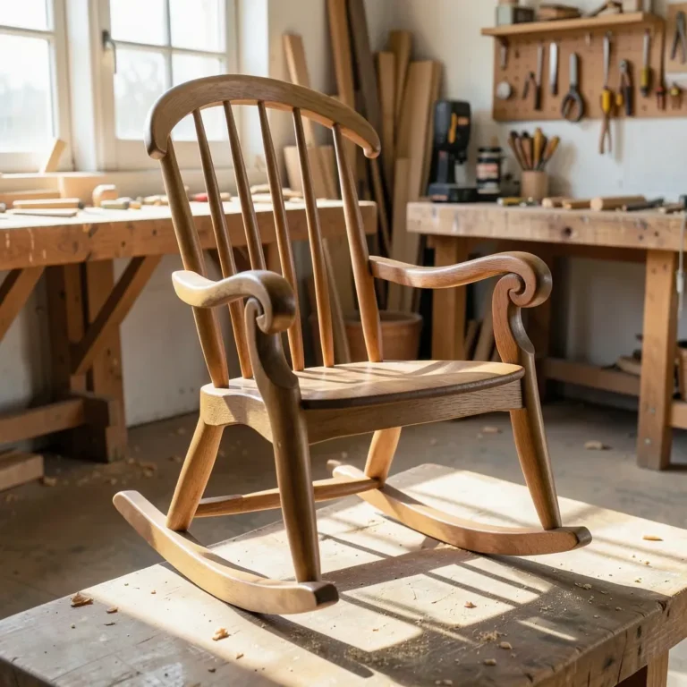 handcrafted wooden rocking chair with sculpted arms in a woodworking studio