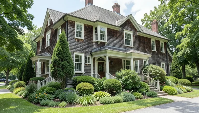 Historic wood-shingled house exterior with mature landscaping