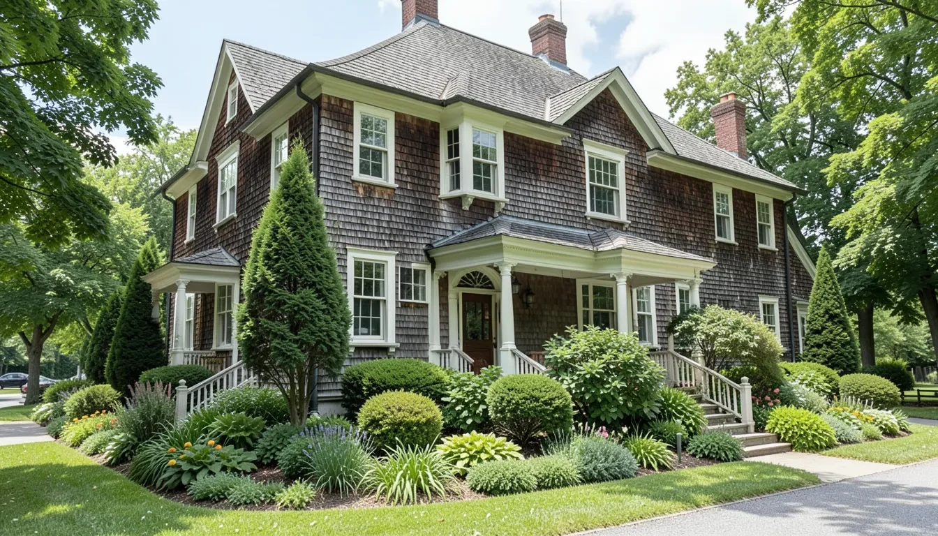 Historic wood-shingled house exterior with mature landscaping