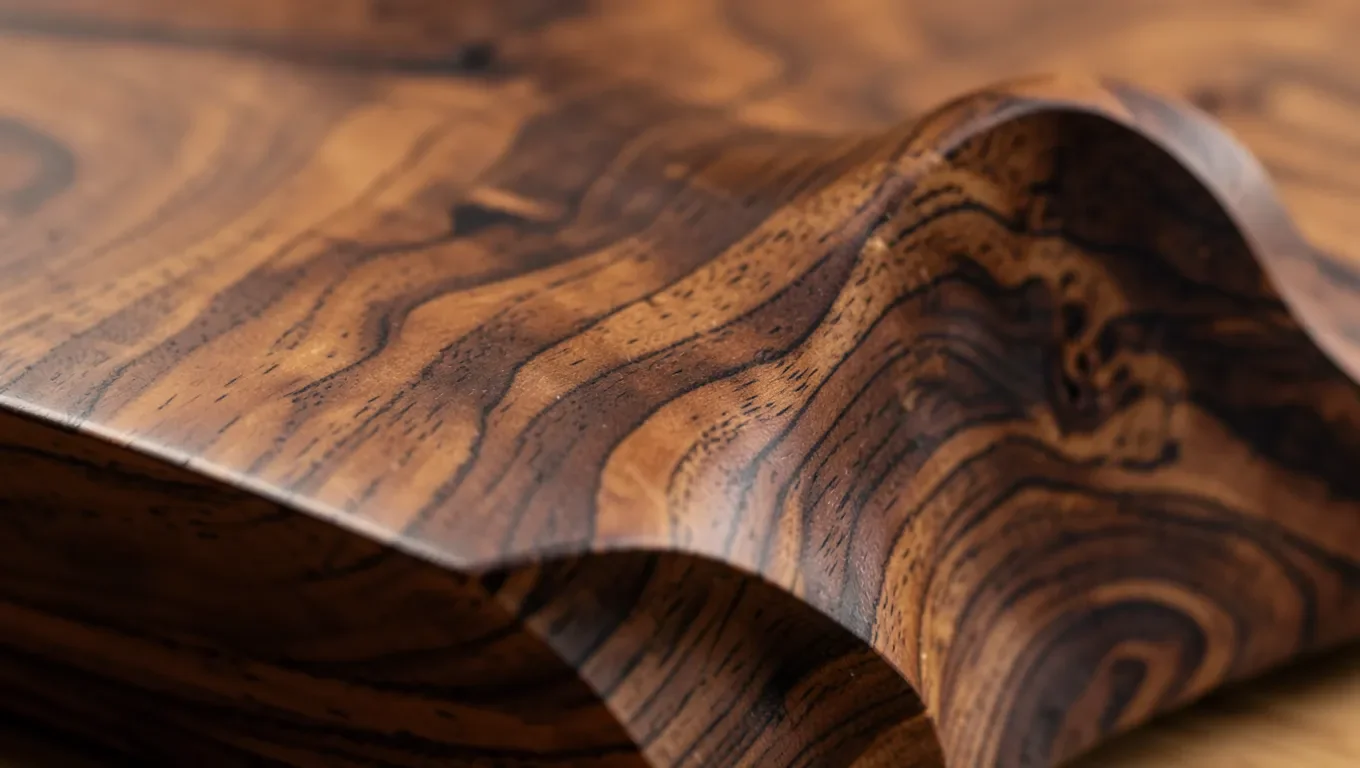 Sculptural walnut wood furniture detail