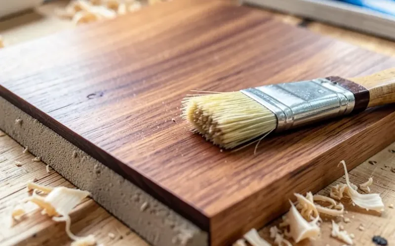 Sandpaper and a paintbrush resting on a freshly sanded mahogany wood plank