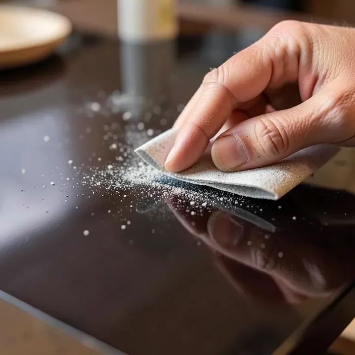 Sanding a cured epoxy tabletop surface with fine-grit sandpaper between coats Sanding a cured epoxy tabletop surface with fine-grit sandpaper between coats