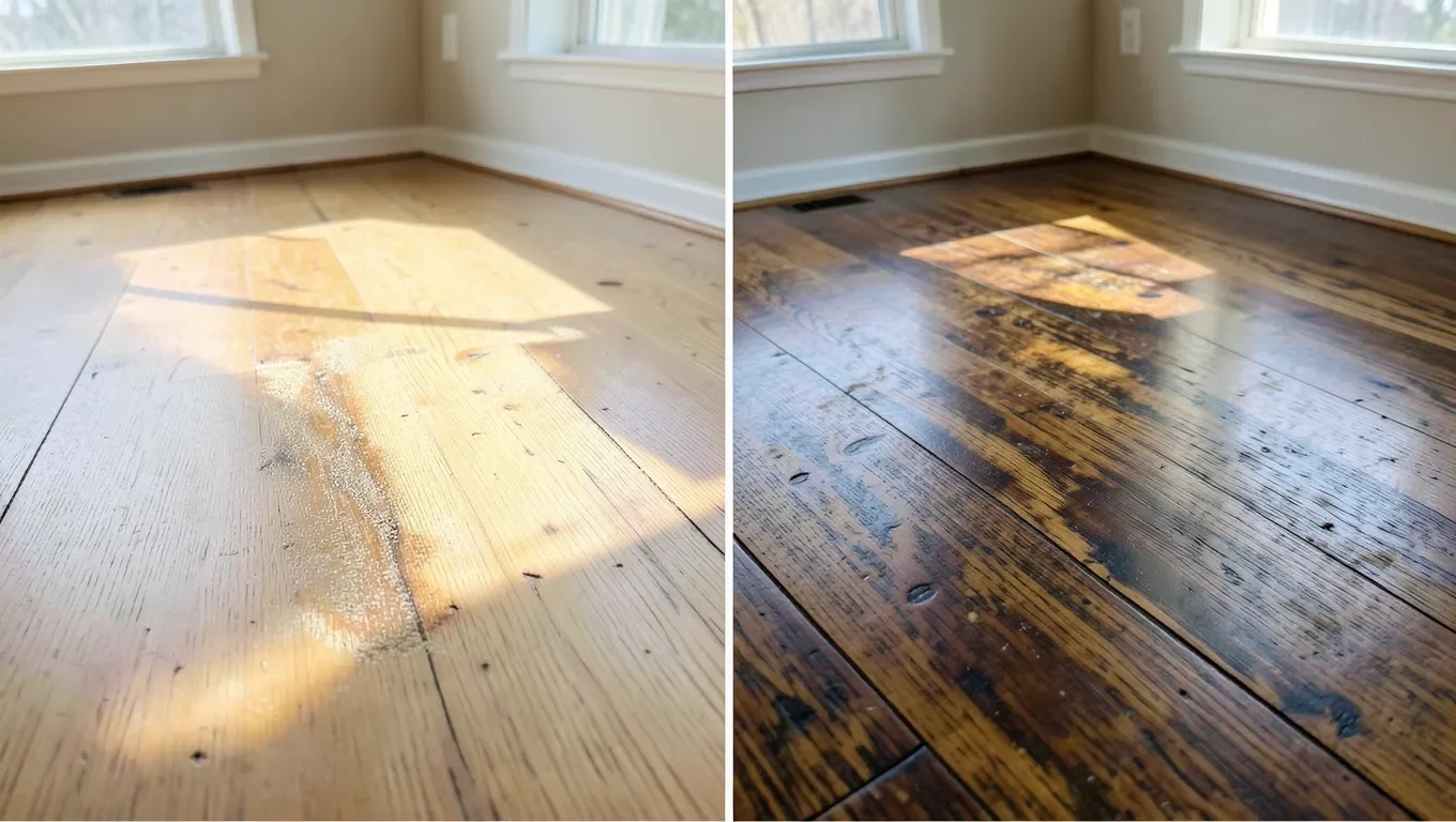 A hardwood floor sanded down to bare wood on one half, old finish still on the other