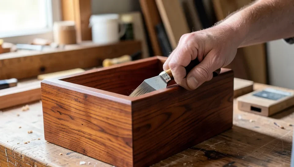 Craftsman hand-sanding a mahogany wood box