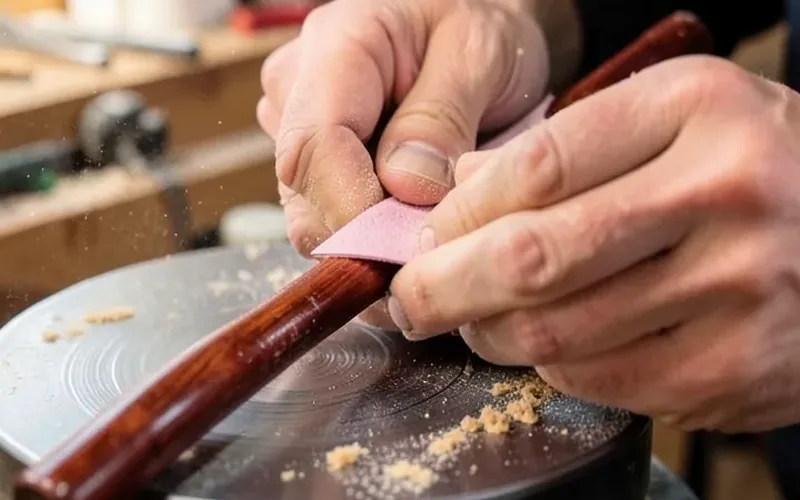 Sanding a mahogany wand smooth on a lathe with fine sandpaper Sanding a mahogany wand smooth on a lathe with fine sandpaper